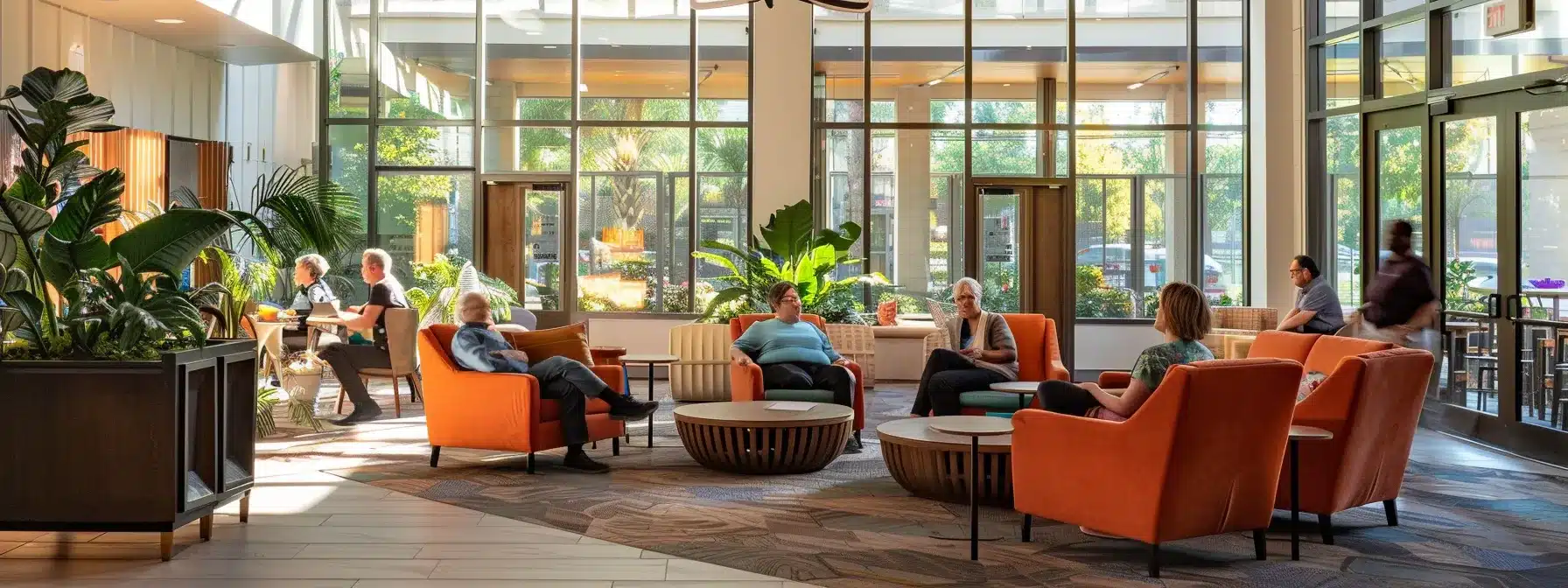 a brightly lit, modern assisted living facility atrium showcases engaged seniors participating in a vibrant group activity, surrounded by comfortable furnishings and supportive staff, emphasizing community and independence. a brightly lit, modern assisted living facility atrium showcases engaged seniors participating in a vibrant group activity, surrounded by comfortable furnishings and supportive staff, emphasizing community and independence.