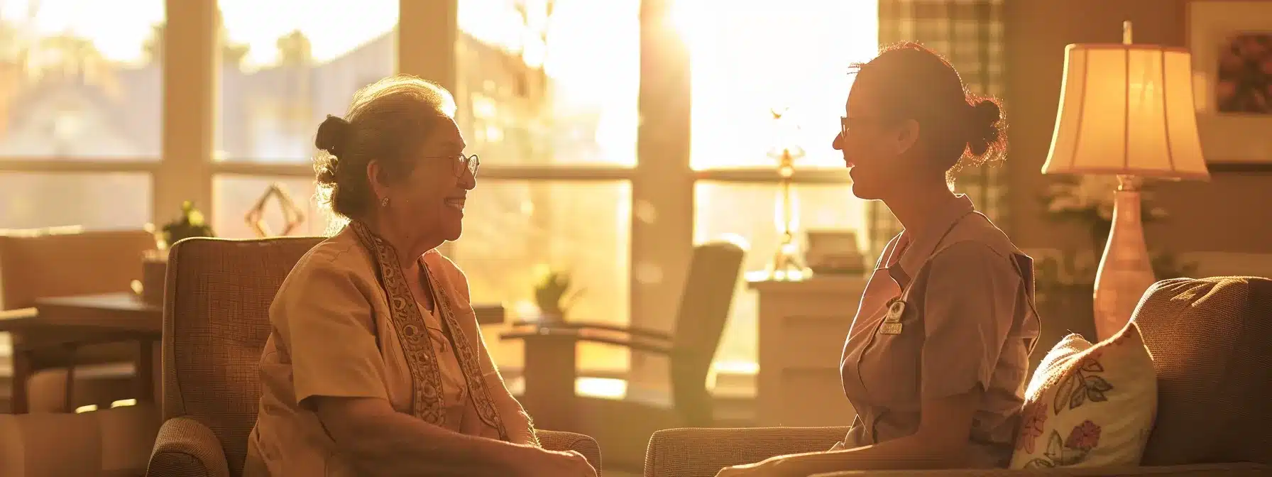 a compassionate caregiver interacts with an elderly client in a well-lit, inviting assisted living facility, showcasing a warm environment designed for personalized dementia care support. a compassionate caregiver interacts with an elderly client in a well-lit, inviting assisted living facility, showcasing a warm environment designed for personalized dementia care support.