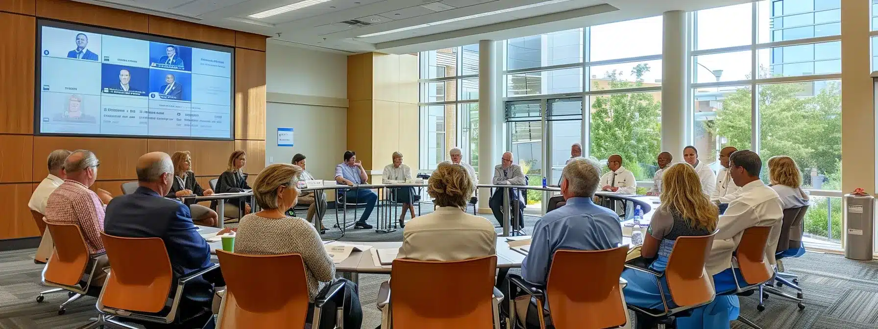a compassionate nursing home training session unfolds in a well-lit, modern conference room, where caregivers engage collaboratively around a digital screen, emphasizing their commitment to staff wellness and professional development.