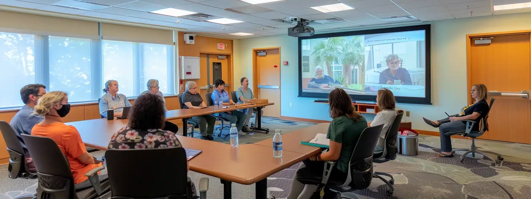 a dynamic training session taking place in a brightly lit nursing home conference room, where engaged nursing staff gather around a sleek table, actively participating in an interactive workshop focused on dementia care and best practices, with visual aids prominently displayed on a nearby screen.