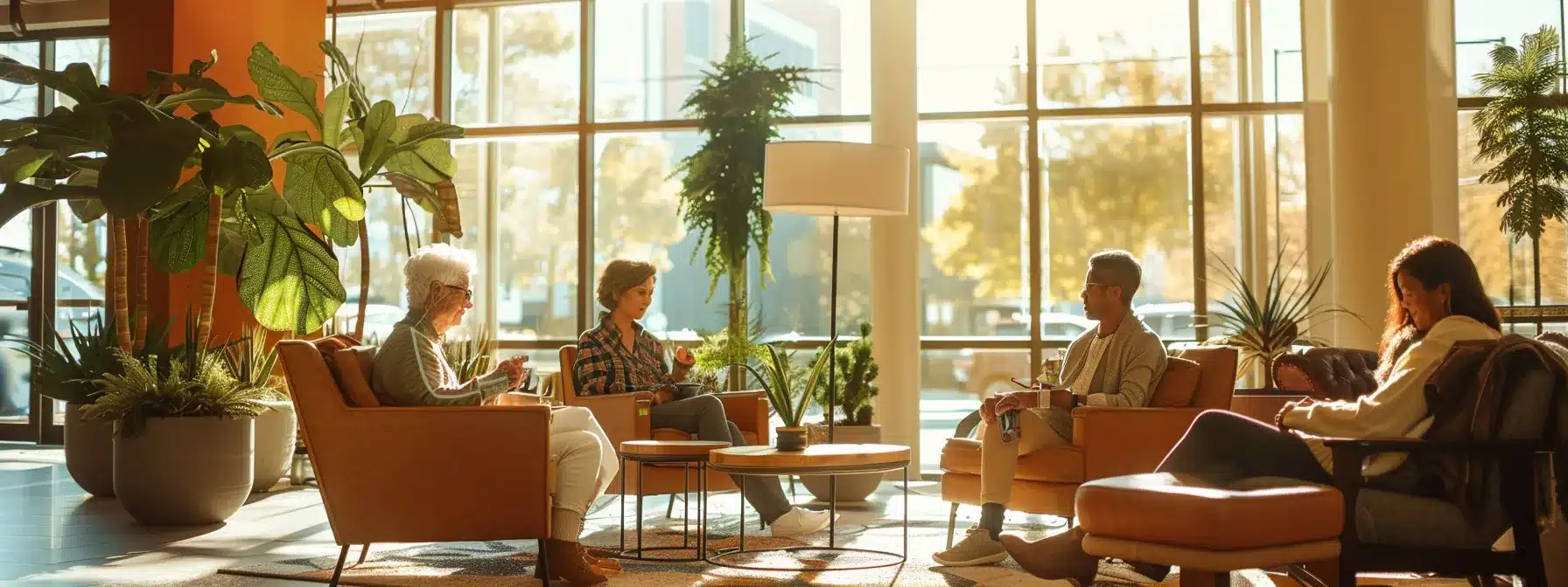 a modern and inviting assisted living facility lobby showcases a diverse group of residents engaged in social activities, with elegant furnishings and bright, warm lighting enhancing the atmosphere of comfort and care. a modern and inviting assisted living facility lobby showcases a diverse group of residents engaged in social activities, with elegant furnishings and bright, warm lighting enhancing the atmosphere of comfort and care.