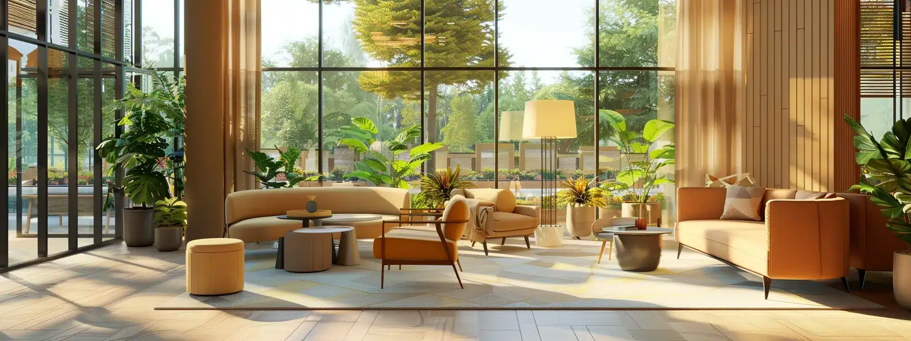 a modern assisted living facility lobby, featuring comfortable seating arrangements and contemporary decor, highlighting vibrant social interactions among residents while staff members provide attentive care in a warm and inviting atmosphere. a modern assisted living facility lobby, featuring comfortable seating arrangements and contemporary decor, highlighting vibrant social interactions among residents while staff members provide attentive care in a warm and inviting atmosphere.