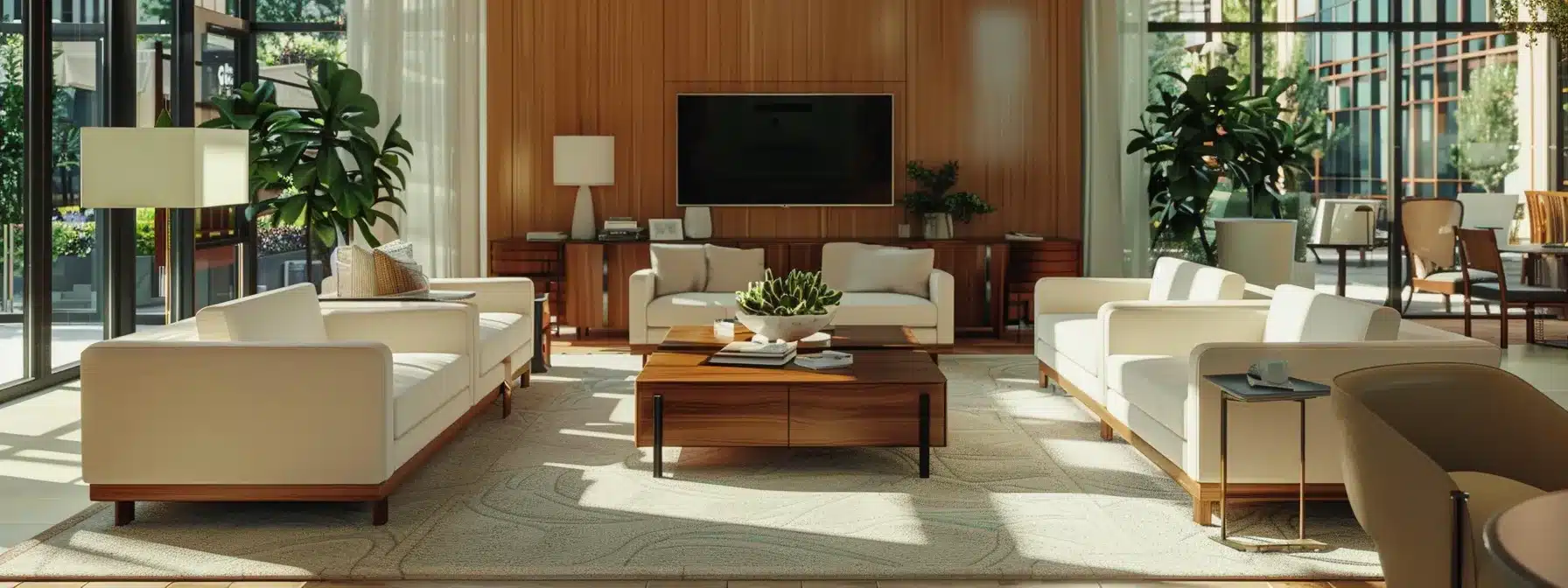 a modern assisted living facility interior showcases advanced technology with residents engaging in interactive smart home features, surrounded by elegant furnishings that emphasize comfort and innovation in senior care. a modern assisted living facility interior showcases advanced technology with residents engaging in interactive smart home features, surrounded by elegant furnishings that emphasize comfort and innovation in senior care.