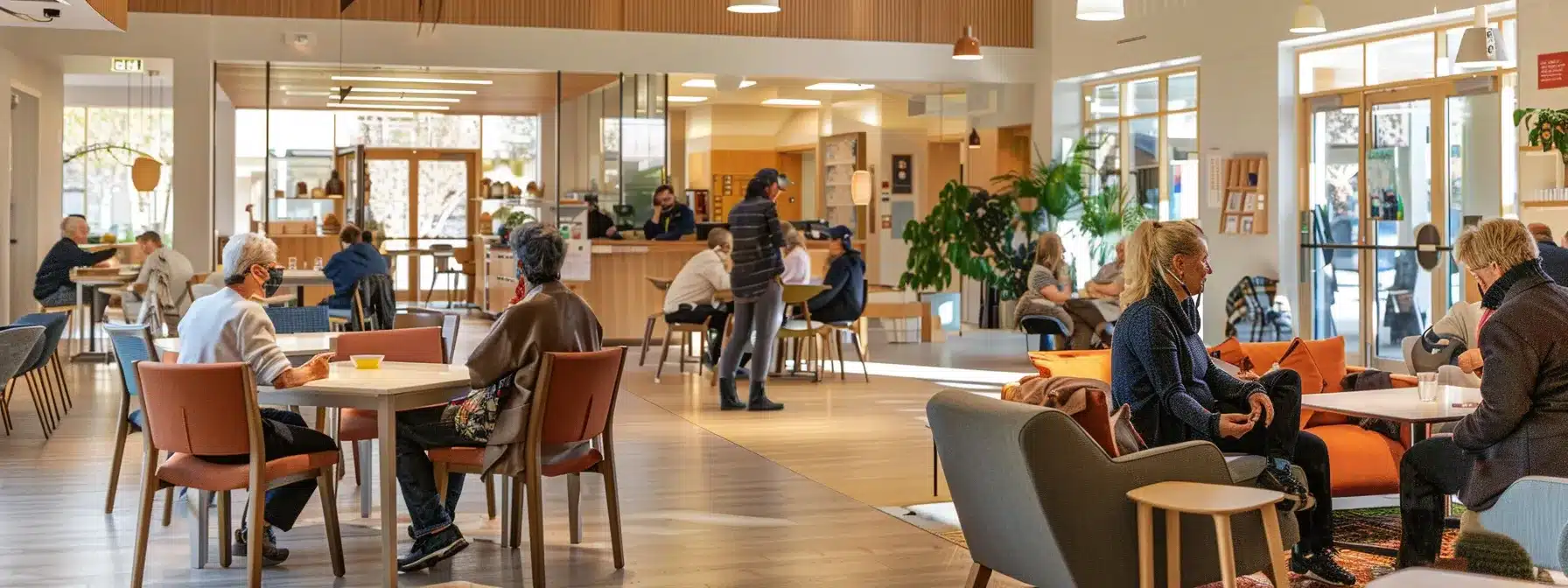 a modern assisted living facility's inviting common area showcases residents engaging in social activities, with attentive caregivers nearby, emphasizing the supportive and community-centered atmosphere of care services. a modern assisted living facility's inviting common area showcases residents engaging in social activities, with attentive caregivers nearby, emphasizing the supportive and community-centered atmosphere of care services.