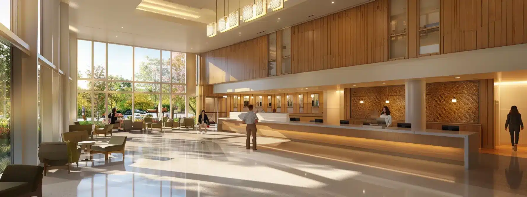 a modern assisted living facility lobby features sleek technology-integrated touchpoints for residents, illuminated by soft artificial lighting, with spacious seating areas designed for relaxation and community engagement. a modern assisted living facility lobby features sleek technology-integrated touchpoints for residents, illuminated by soft artificial lighting, with spacious seating areas designed for relaxation and community engagement.