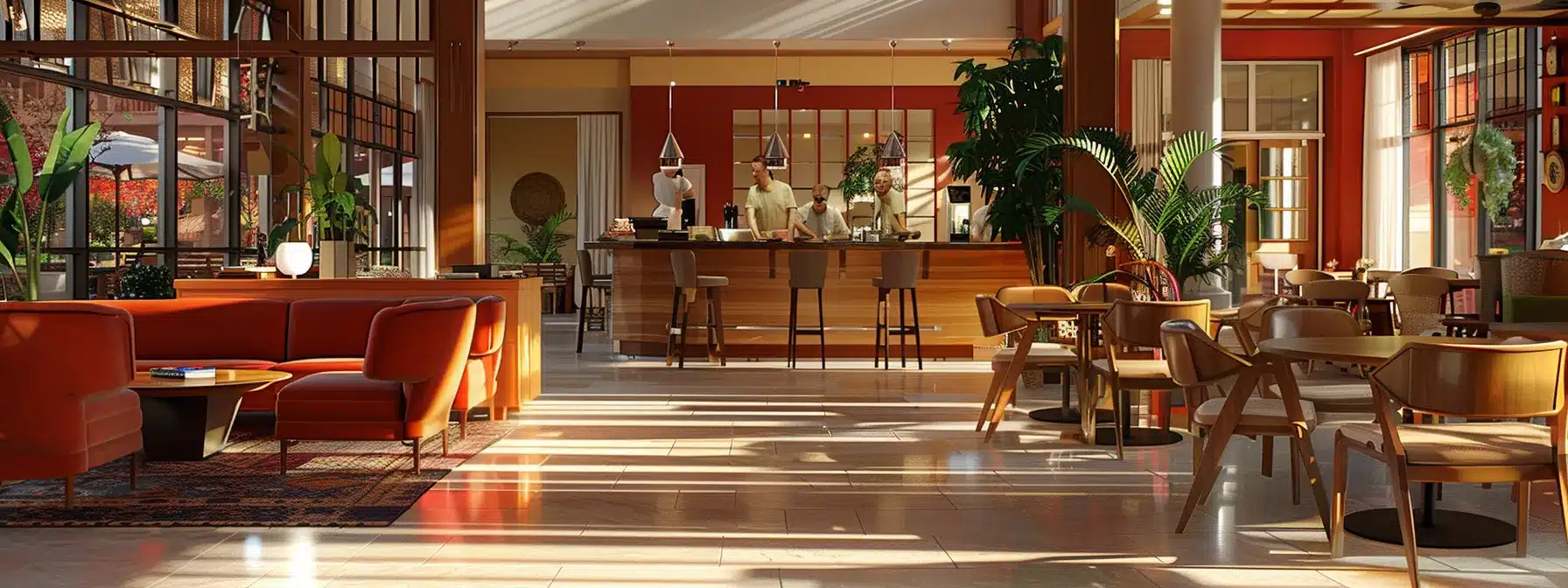a modern, inviting assisted living facility in michigan showcases a vibrant common area with well-trained staff engaging warmly with residents, emphasizing a supportive environment tailored for specialized dementia care.