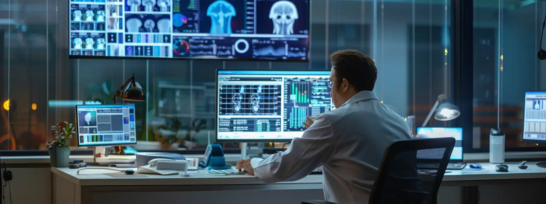 a modern office space features a large digital screen displaying tools for remote monitoring of alzheimer’s care, with a visually organized workspace that reflects the coordination and support necessary for long-distance caregivers. a modern office space features a large digital screen displaying tools for remote monitoring of alzheimer’s care, with a visually organized workspace that reflects the coordination and support necessary for long-distance caregivers.