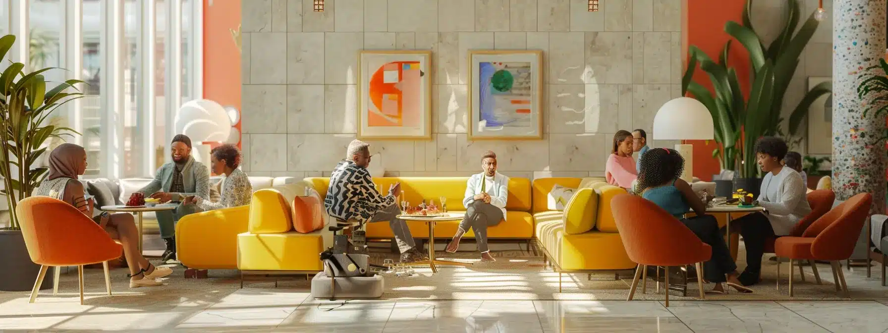 a modern, welcoming assisted living facility lobby in new york city, showcasing a diverse group of residents engaging in thoughtful conversation, with bright, contemporary furnishings and calming decor that reflects a sense of community and care. a modern, welcoming assisted living facility lobby in new york city, showcasing a diverse group of residents engaging in thoughtful conversation, with bright, contemporary furnishings and calming decor that reflects a sense of community and care.