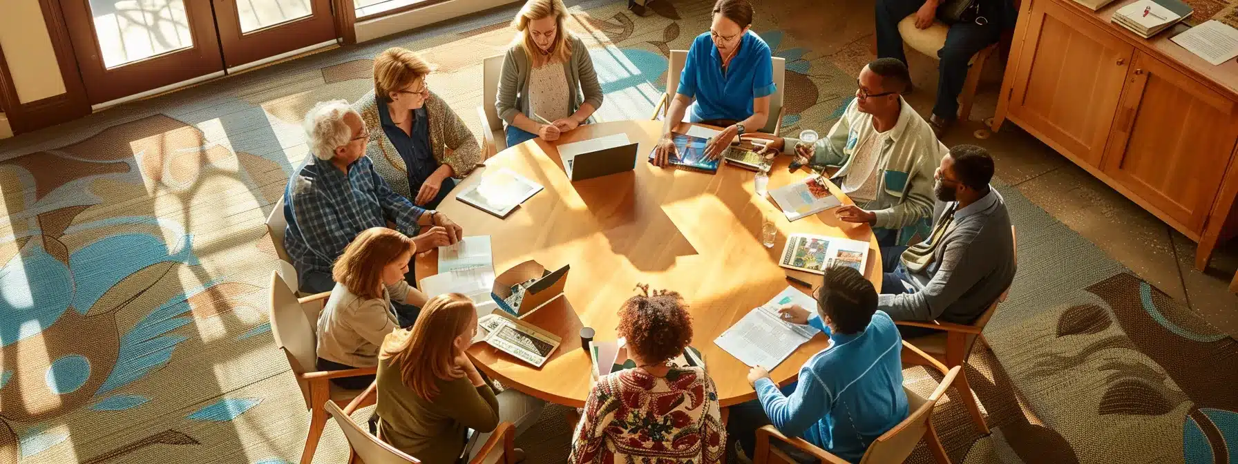 a professional office setting featuring a large round table surrounded by diverse caregivers engaged in a focused discussion, with resource brochures and a laptop open, emphasizing collaboration and the importance of community support in dementia care. a professional office setting featuring a large round table surrounded by diverse caregivers engaged in a focused discussion, with resource brochures and a laptop open, emphasizing collaboration and the importance of community support in dementia care.