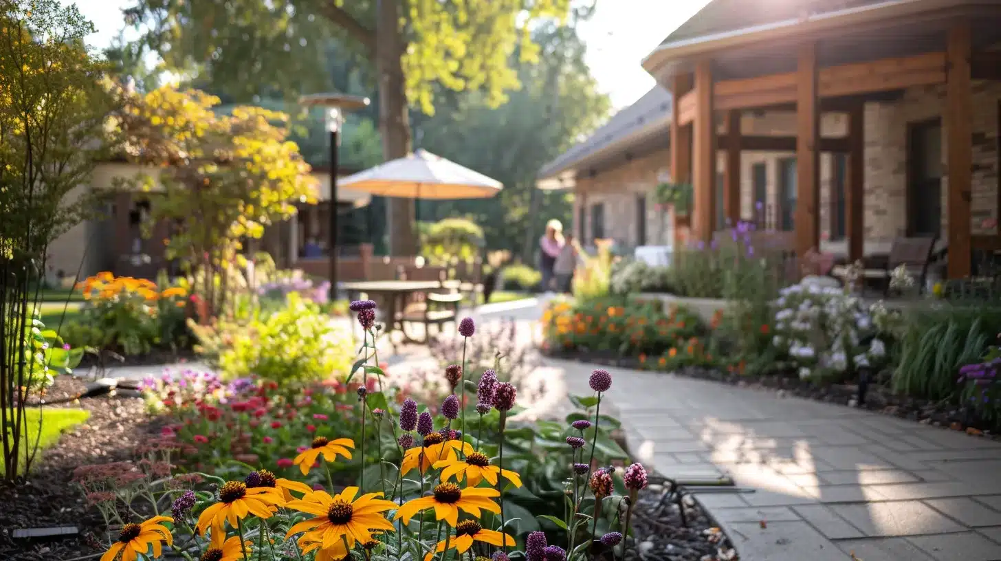a serene and inviting assisted living facility in ypsilanti, with tranquil garden spaces and attentive staff interacting warmly with residents, illuminated by soft afternoon sunlight that highlights the atmosphere of care and support. a serene and inviting assisted living facility in ypsilanti, with tranquil garden spaces and attentive staff interacting warmly with residents, illuminated by soft afternoon sunlight that highlights the atmosphere of care and support.