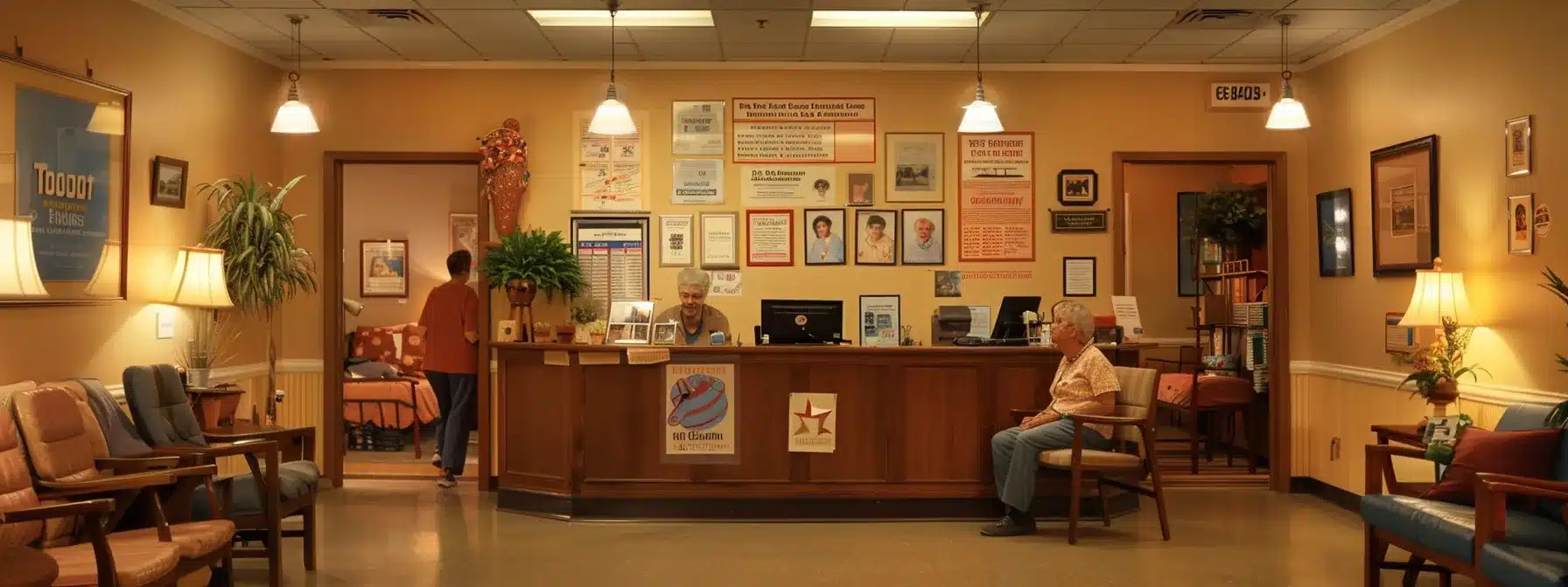 a serene and well-organized senior citizens' home setting, featuring caregivers attentively assisting residents with dementia, surrounded by informative posters about financial assistance options like medicaid and medicare, illuminated by warm indoor lighting that creates an inviting atmosphere.
