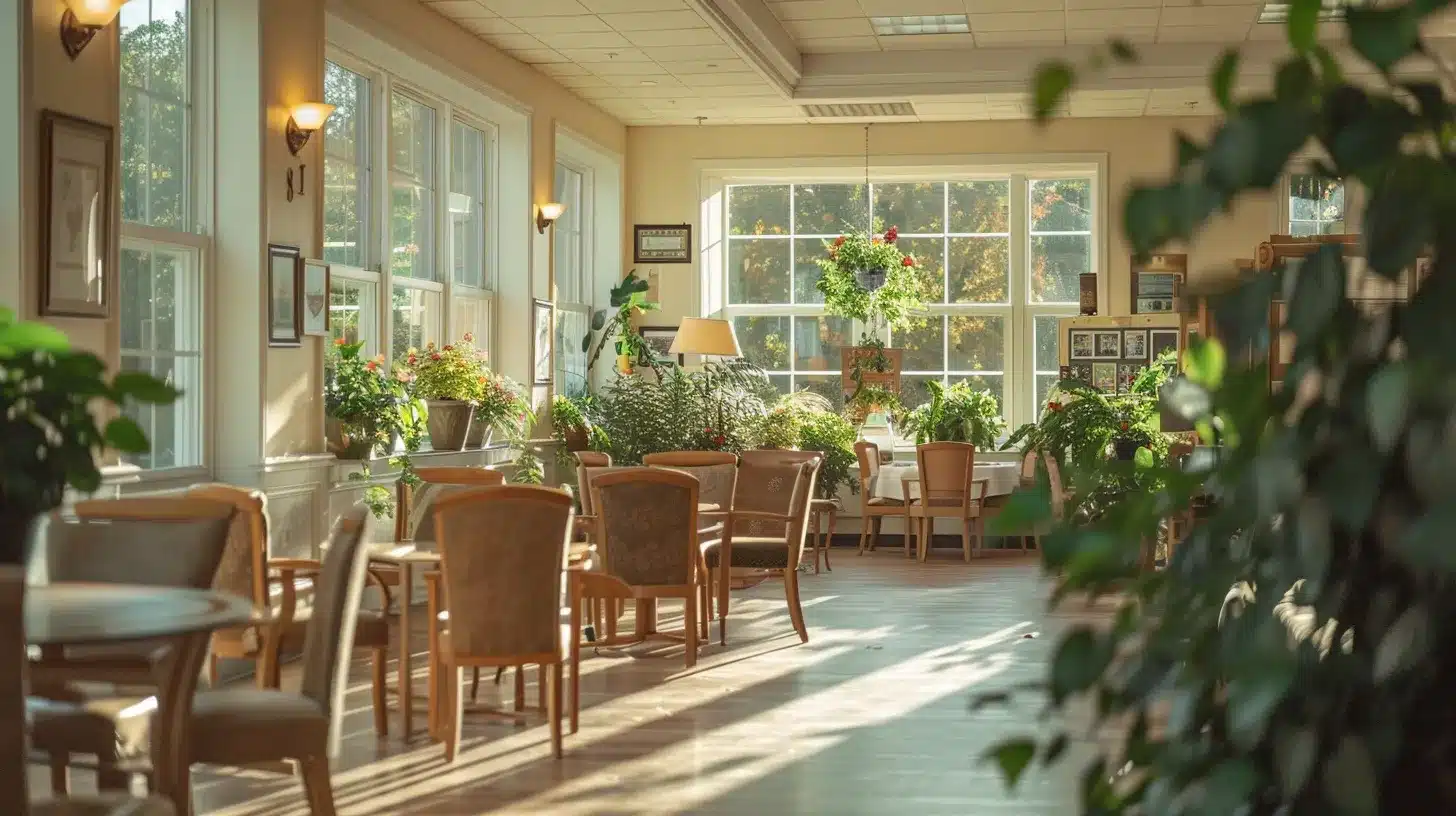 a serene and well-maintained skilled nursing home surrounded by lush greenery, showcasing caregivers attentively supporting individuals with dementia in a bright, sunlit common area, emphasizing compassion and quality care. a serene and well-maintained skilled nursing home surrounded by lush greenery, showcasing caregivers attentively supporting individuals with dementia in a bright, sunlit common area, emphasizing compassion and quality care.