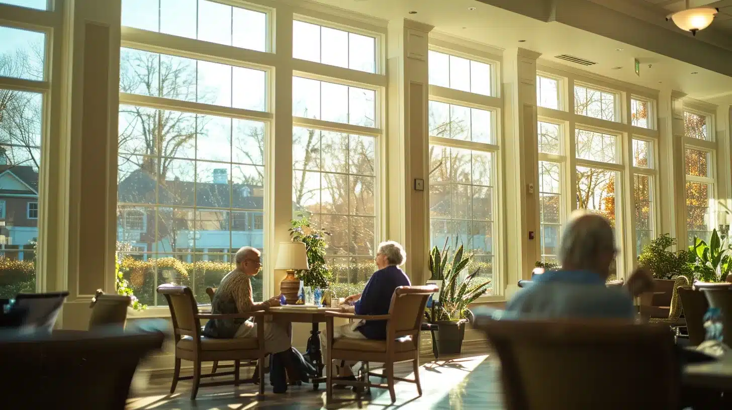 a serene nursing home environment features engaged residents participating in vibrant activities that promote cognitive stimulation and social interaction, illuminated by warm, natural light filtering through large windows. a serene nursing home environment features engaged residents participating in vibrant activities that promote cognitive stimulation and social interaction, illuminated by warm, natural light filtering through large windows.