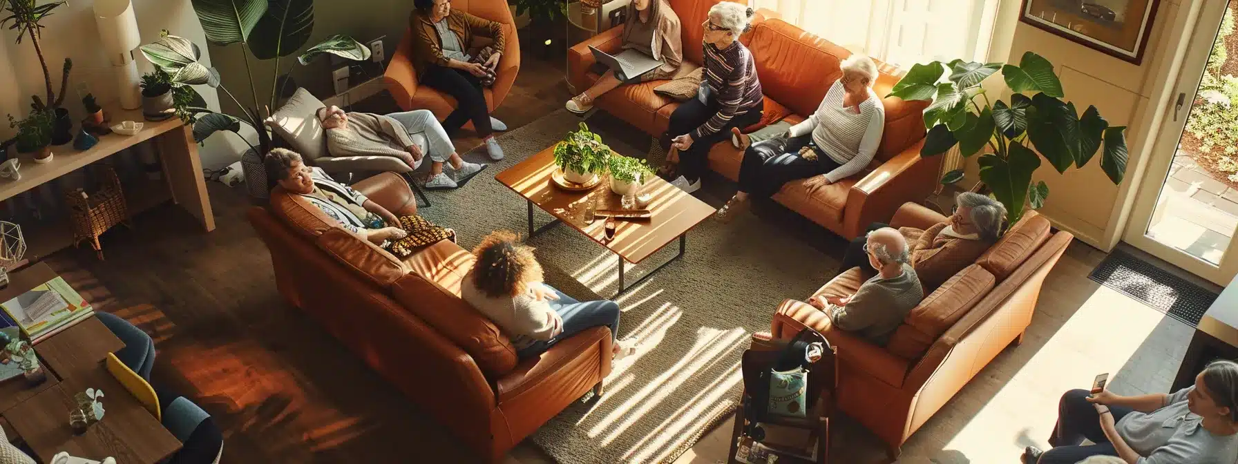 a thoughtfully designed, modern dementia care home interior showcases a warm and inviting common area filled with engaged residents participating in supportive activities, while family members consult digital tablets displaying reviews and ratings to assess the quality of care.