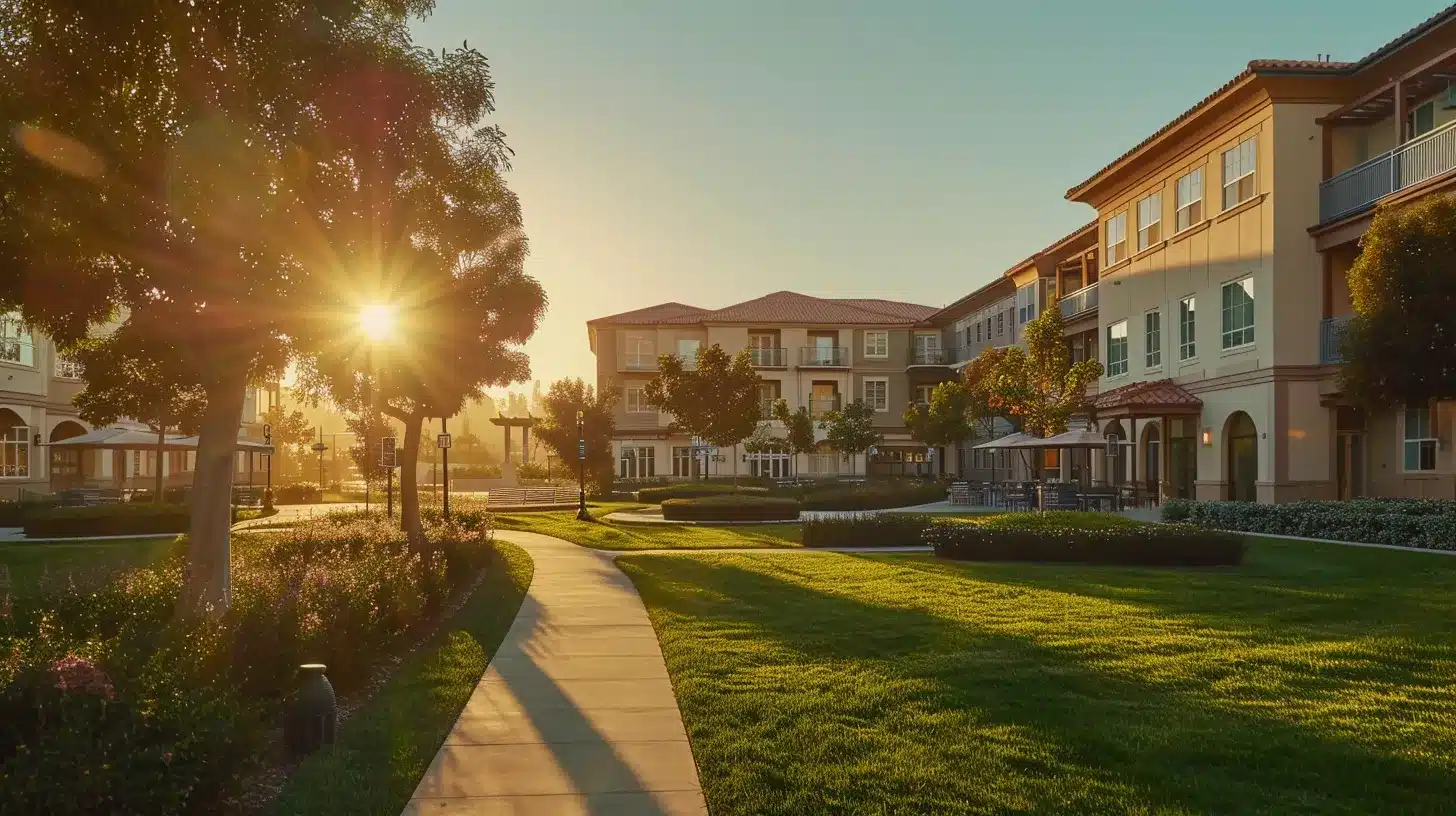 a vibrant retirement community featuring accessible pathways, engaged residents in lively social activities, and inviting outdoor spaces, bathed in warm sunlight, conveying a sense of safety and camaraderie. a vibrant retirement community featuring accessible pathways, engaged residents in lively social activities, and inviting outdoor spaces, bathed in warm sunlight, conveying a sense of safety and camaraderie.