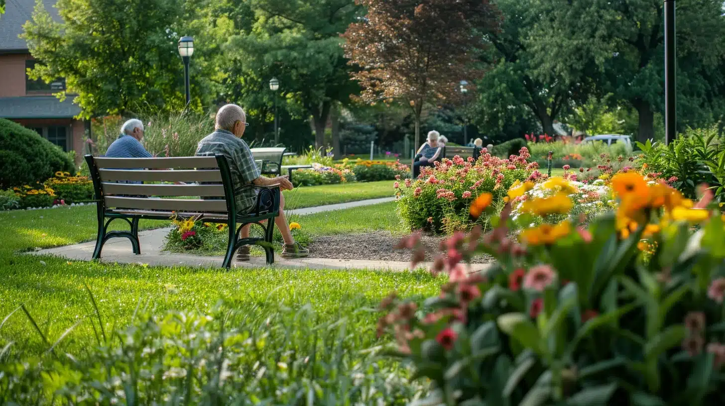 a vibrant retirement community in ypsilanti, showcasing active seniors engaged in various outdoor recreational activities surrounded by lush greenery and colorful flower beds. a vibrant retirement community in ypsilanti, showcasing active seniors engaged in various outdoor recreational activities surrounded by lush greenery and colorful flower beds.