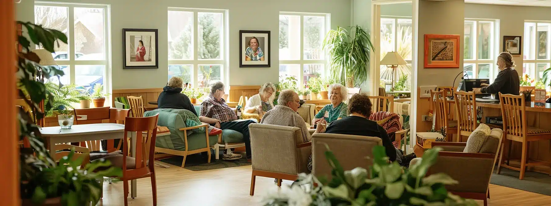 a warm and inviting common room in a dementia care facility, featuring engaged residents participating in a recreational activity, with attentive nursing staff facilitating support and vibrant decor that reflects a sense of community and care.