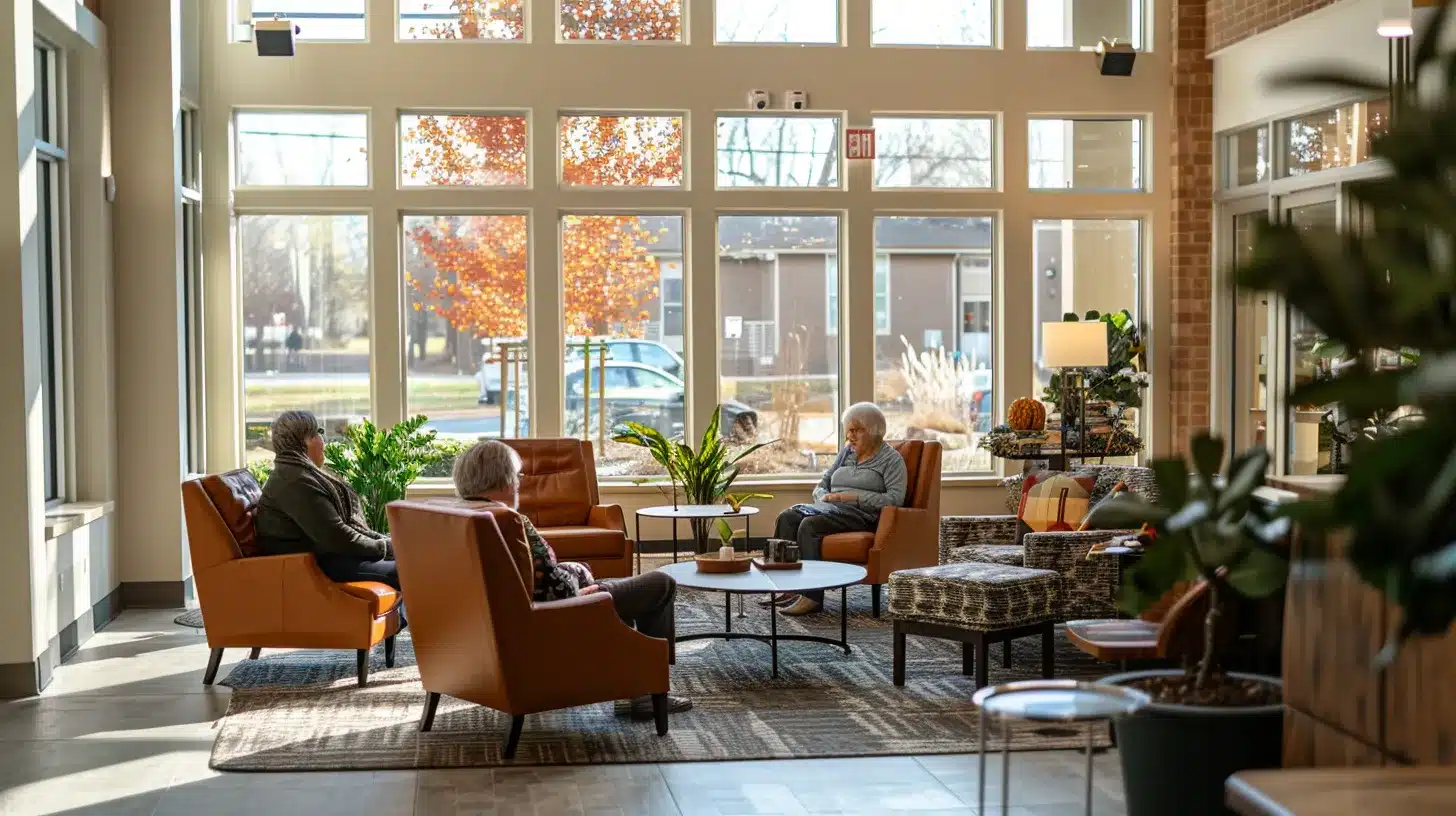 a warm and inviting communal space in ypsilanti, filled with caring seniors engaging in supportive conversations, illuminated by soft natural light filtering through large windows, symbolizing a strong community network for assisted living. a warm and inviting communal space in ypsilanti, filled with caring seniors engaging in supportive conversations, illuminated by soft natural light filtering through large windows, symbolizing a strong community network for assisted living.