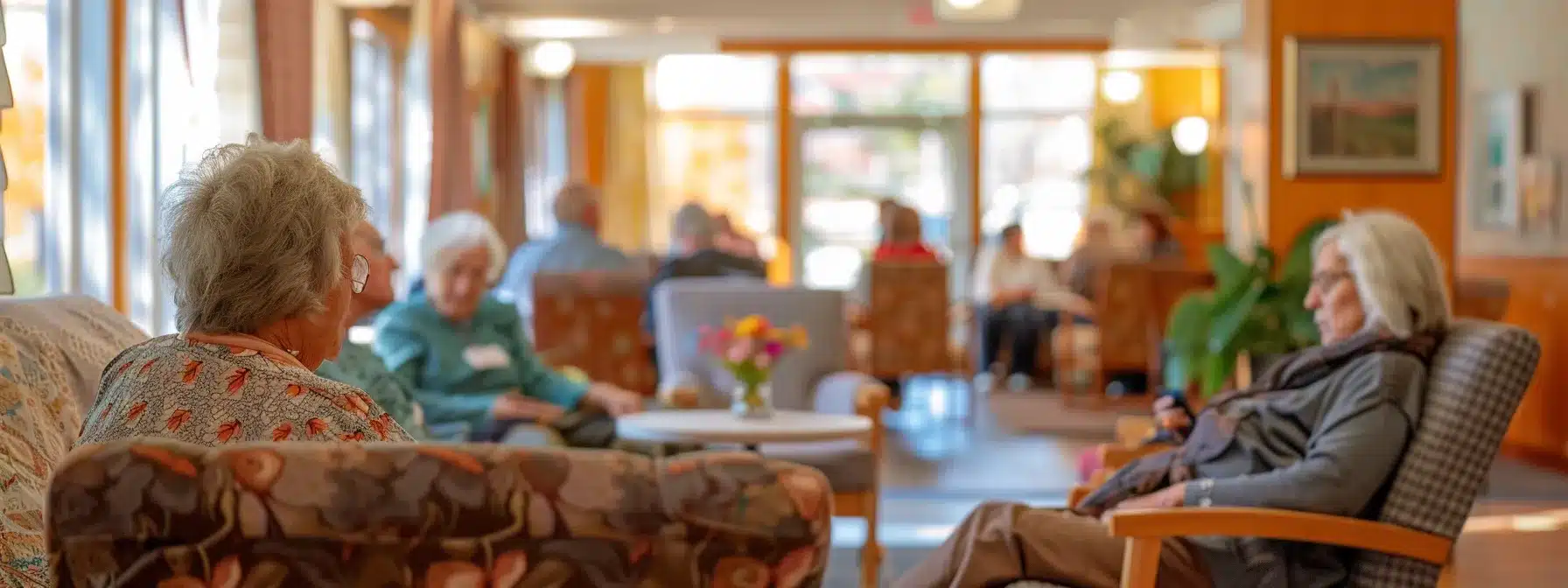 a warm and inviting interior of a dementia nursing home in michigan, featuring comfortable seating areas and engaging art therapy sessions, with elderly residents interacting with attentive caregivers in a thoughtfully designed space that promotes quality care and well-being.