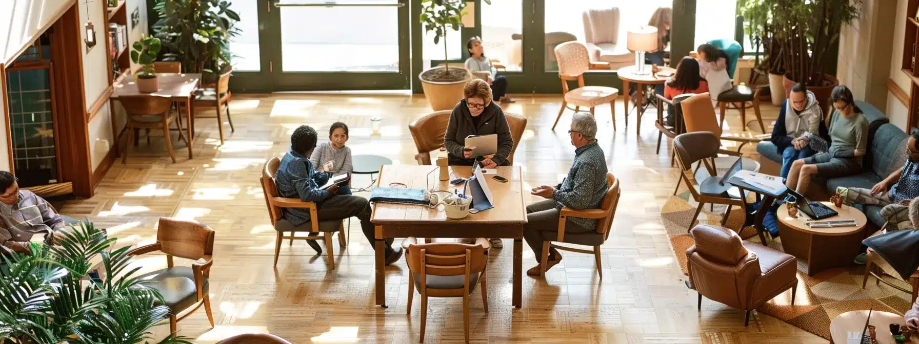 a warm and inviting nursing home common area bustling with families actively engaging in discussions about personalized dementia care plans, featuring tables with informational materials and supportive visuals to encourage collaboration and education. a warm and inviting nursing home common area bustling with families actively engaging in discussions about personalized dementia care plans, featuring tables with informational materials and supportive visuals to encourage collaboration and education.