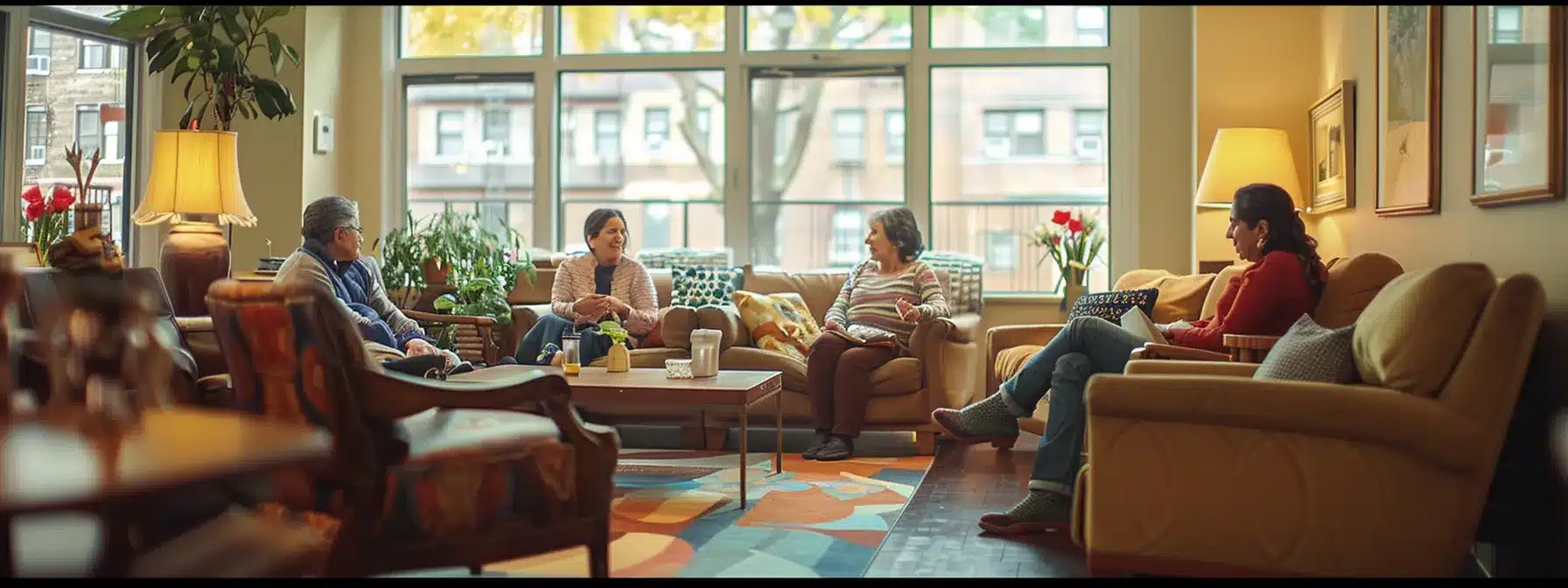 a warm, inviting common area in a dementia-friendly assisted living facility in new york city, featuring families engaging in heartfelt conversations with their loved ones, surrounded by tasteful decor that encourages connection and comfort. a warm, inviting common area in a dementia-friendly assisted living facility in new york city, featuring families engaging in heartfelt conversations with their loved ones, surrounded by tasteful decor that encourages connection and comfort.
