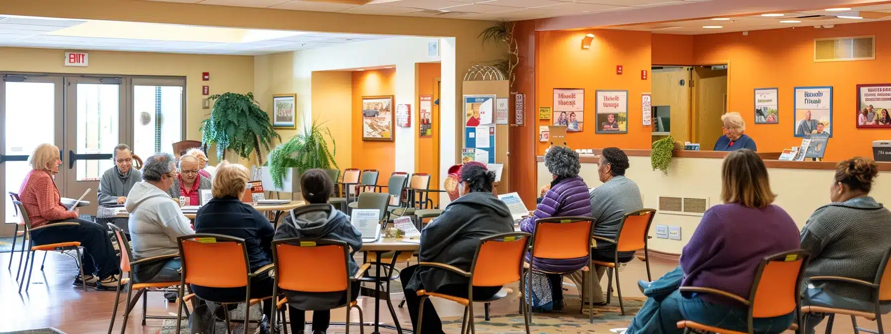 a warm, inviting community center interior showcases a diverse group of caregivers and families engaged in a supportive workshop focused on affordable dementia care resources, with informative brochures and resource banners prominently displayed. a warm, inviting community center interior showcases a diverse group of caregivers and families engaged in a supportive workshop focused on affordable dementia care resources, with informative brochures and resource banners prominently displayed.