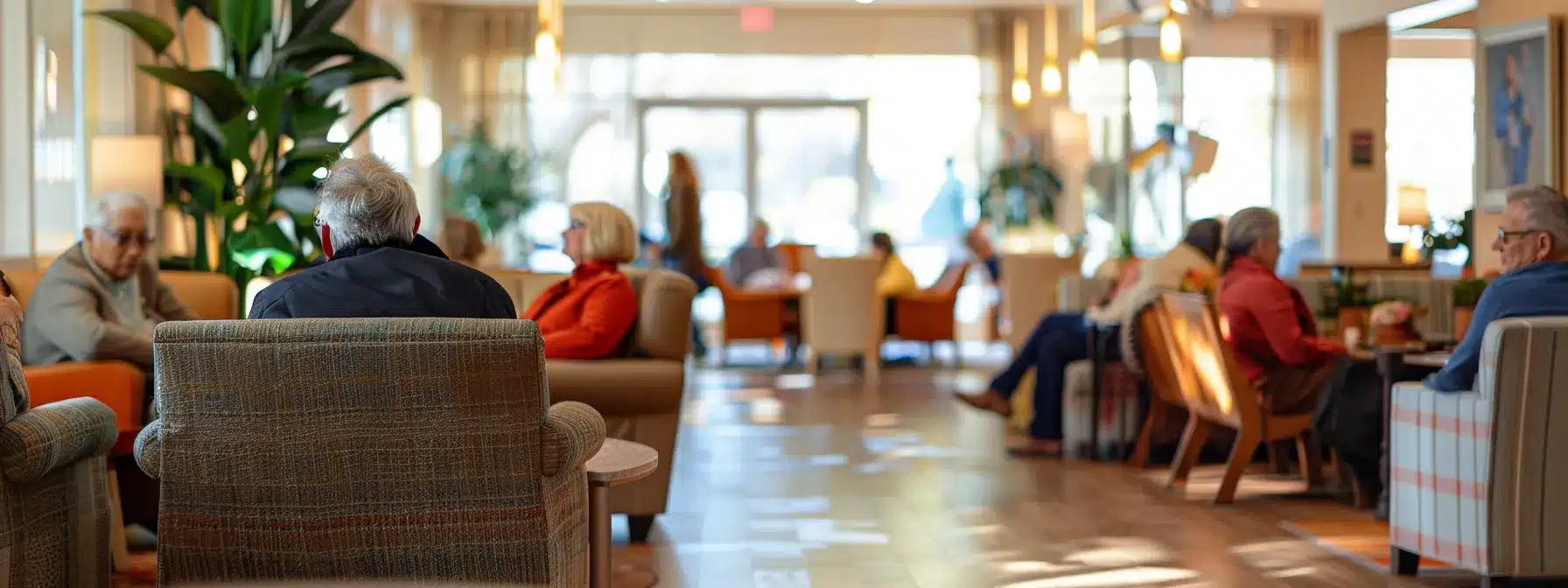 a warm, inviting nursing home lounge brimming with engaged residents participating in a lively group activity, surrounded by cheerful decor and comfortable seating that fosters connection and communication.