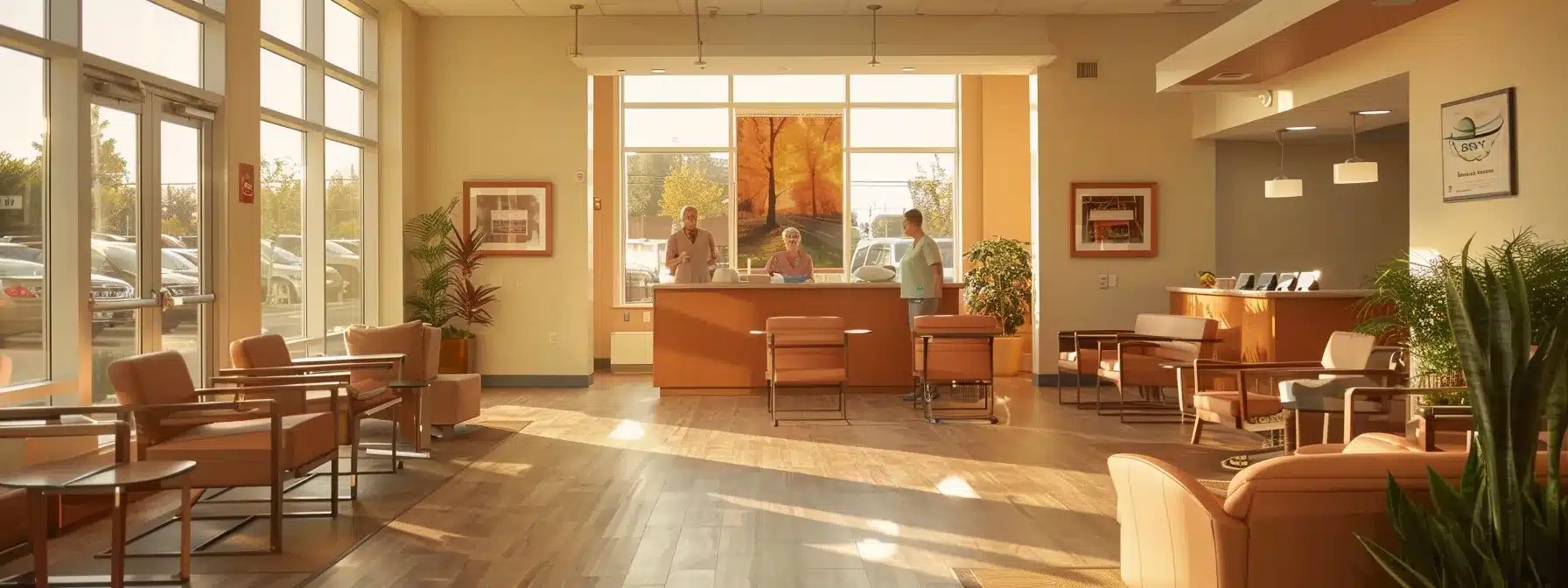 a warmly lit, modern senior citizens home office, featuring a knowledgeable staff member engaged in a thoughtful conversation with family members about dementia care regulations, accented by informative brochures and a welcoming environment that emphasizes safety and support.