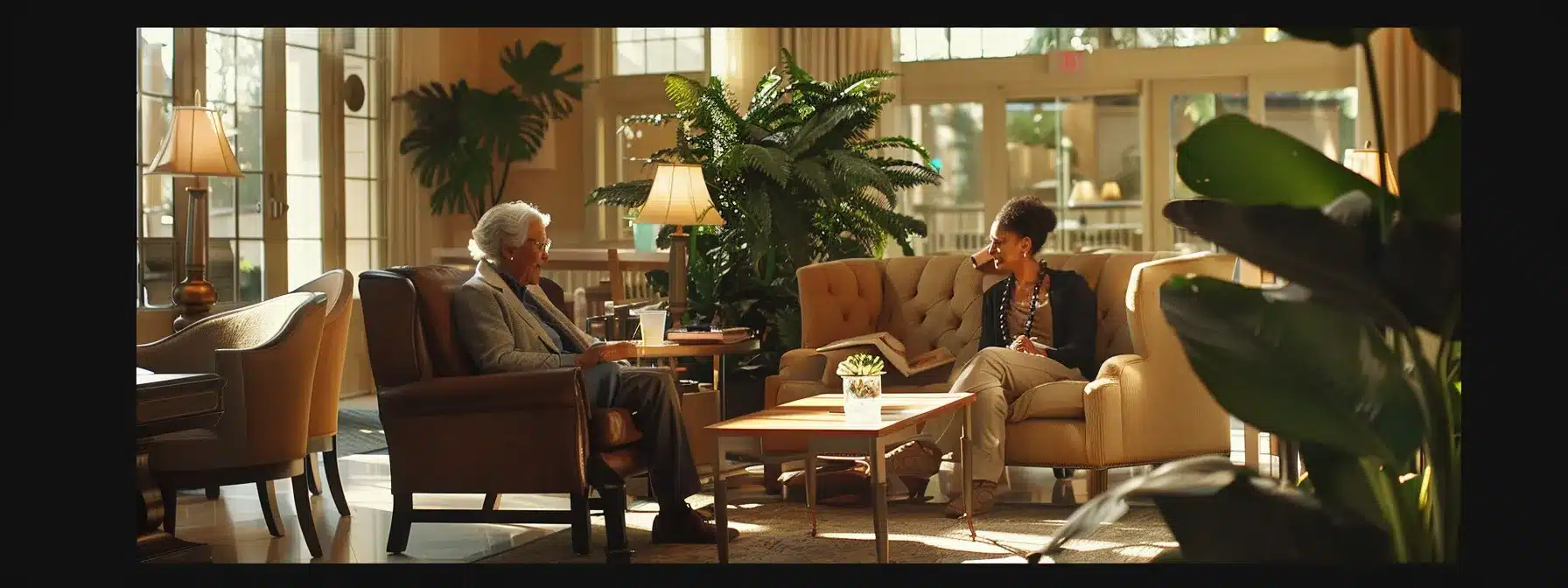a welcoming assisted living facility reception area, featuring warm, inviting furnishings and a friendly staff member engaging with a senior resident, highlighting the supportive and community-focused environment of senior care. a welcoming assisted living facility reception area, featuring warm, inviting furnishings and a friendly staff member engaging with a senior resident, highlighting the supportive and community-focused environment of senior care.