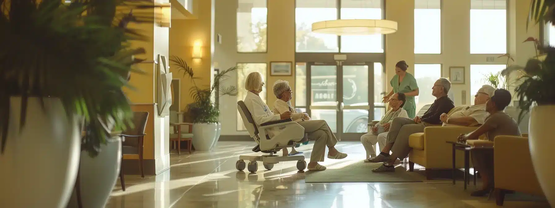 a welcoming, well-lit nursing home common area, featuring engaged staff members providing compassionate care to residents, with clear visual signage promoting dementia care standards and emergency procedures prominently displayed. a welcoming, well-lit nursing home common area, featuring engaged staff members providing compassionate care to residents, with clear visual signage promoting dementia care standards and emergency procedures prominently displayed.