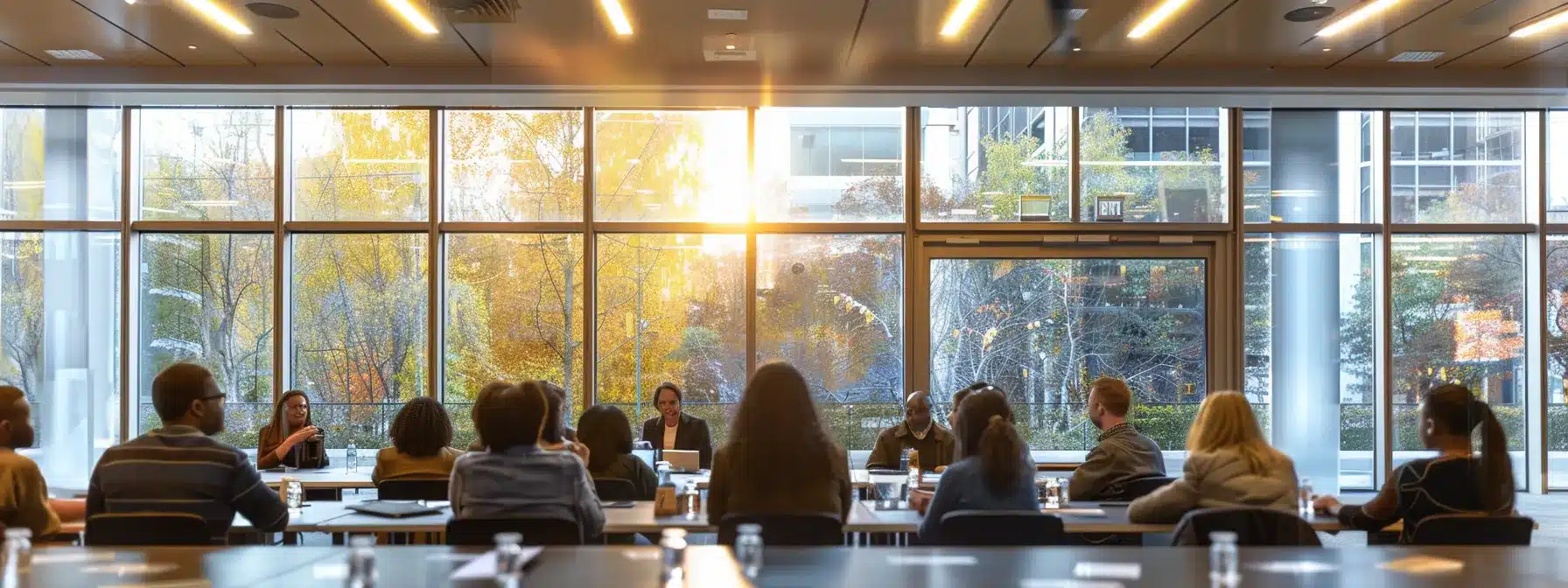 a well-organized, modern conference room features a diverse group of professionals engaging in a dynamic discussion on legal and regulatory issues related to senior care, illuminated by bright overhead lighting and surrounded by large windows showcasing an urban backdrop.