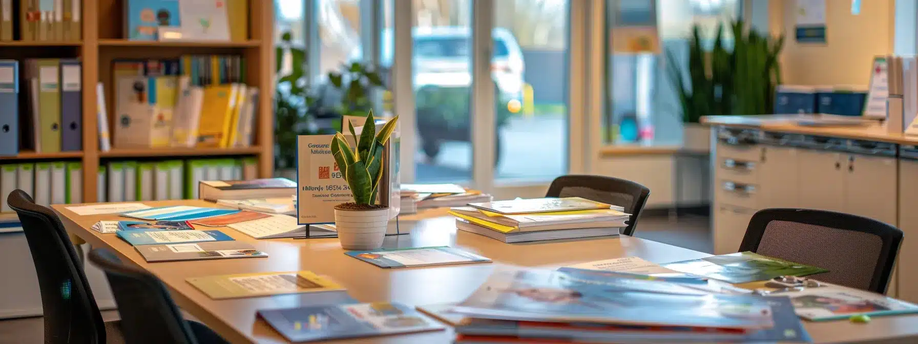 a well-organized, modern office space featuring a large table cluttered with brochures and informational booklets about dementia care facilities, illuminated by warm, focused lighting to create an inviting and informative atmosphere for families seeking support.