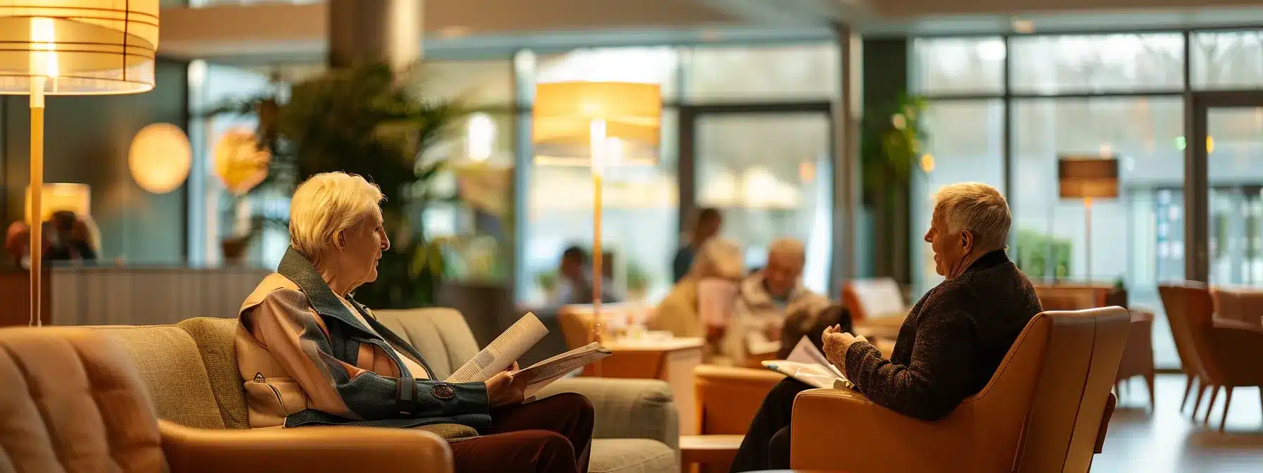 a well-appointed nursing home lounge, featuring warm lighting and comfortable seating, where families engage in thoughtful discussions about certification standards while reviewing informative brochures on quality care options for elderly residents. a well-appointed nursing home lounge, featuring warm lighting and comfortable seating, where families engage in thoughtful discussions about certification standards while reviewing informative brochures on quality care options for elderly residents.