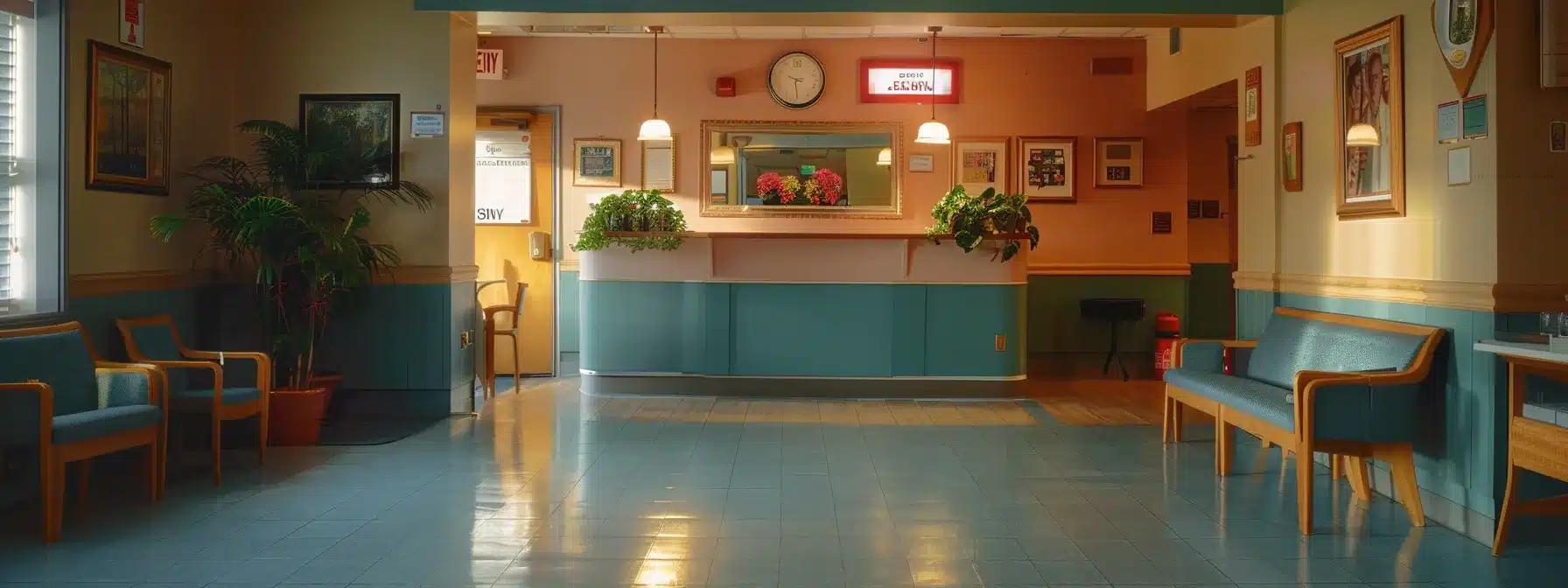 an inviting and modern nursing home reception area, warmly lit and featuring professional staff warmly welcoming families, conveys a sense of compassion and guidance for those seeking dementia care options in michigan.
