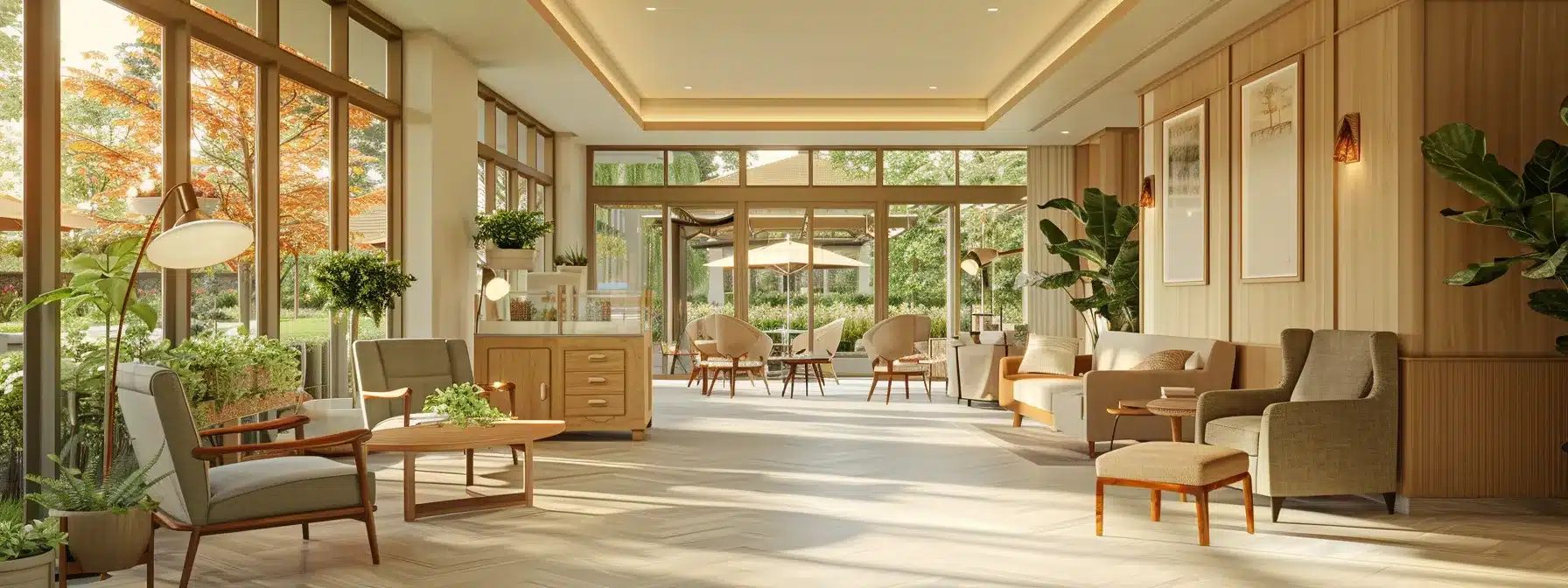 an inviting common area in a modern memory care home in michigan, featuring warm-toned furnishings and engaging activity spaces, designed to support residents with dementia through personalized care and a comforting environment.