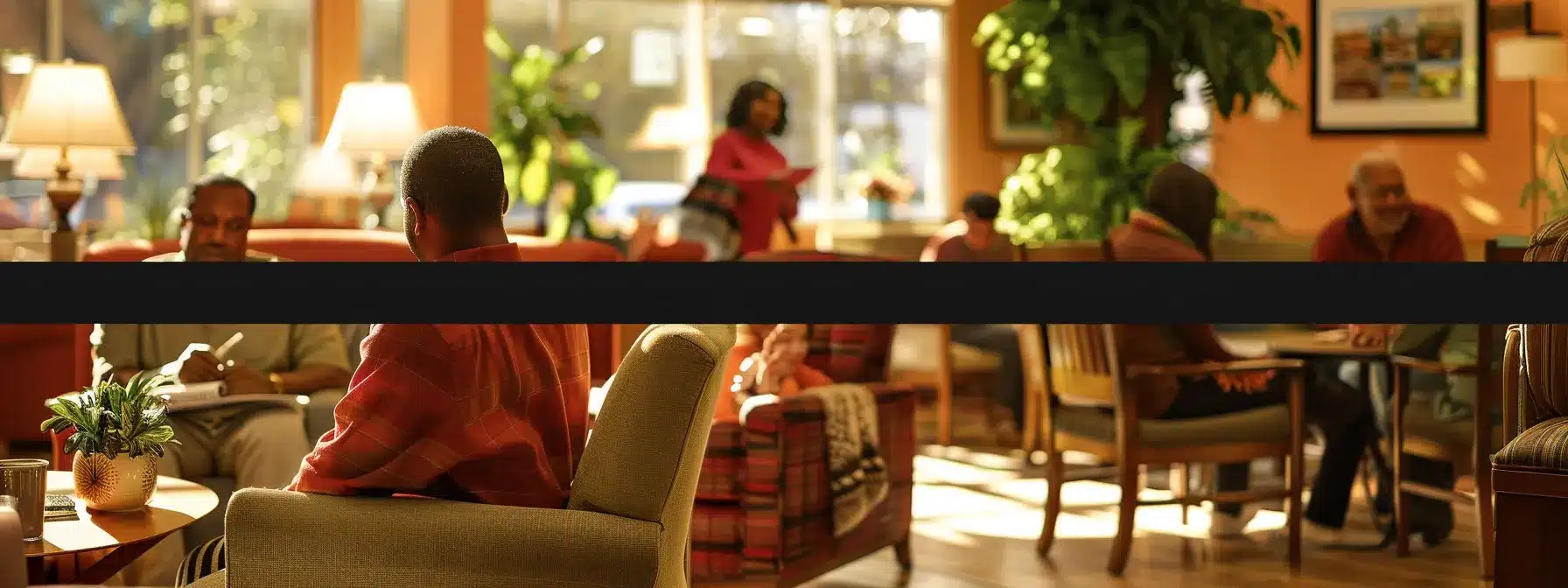 a modern assisted living facility lobby, featuring diverse residents engaged in various activities, with inviting seating areas, cheerful décor, and warm, ambient lighting that conveys comfort and community. a modern assisted living facility lobby, featuring diverse residents engaged in various activities, with inviting seating areas, cheerful décor, and warm, ambient lighting that conveys comfort and community.