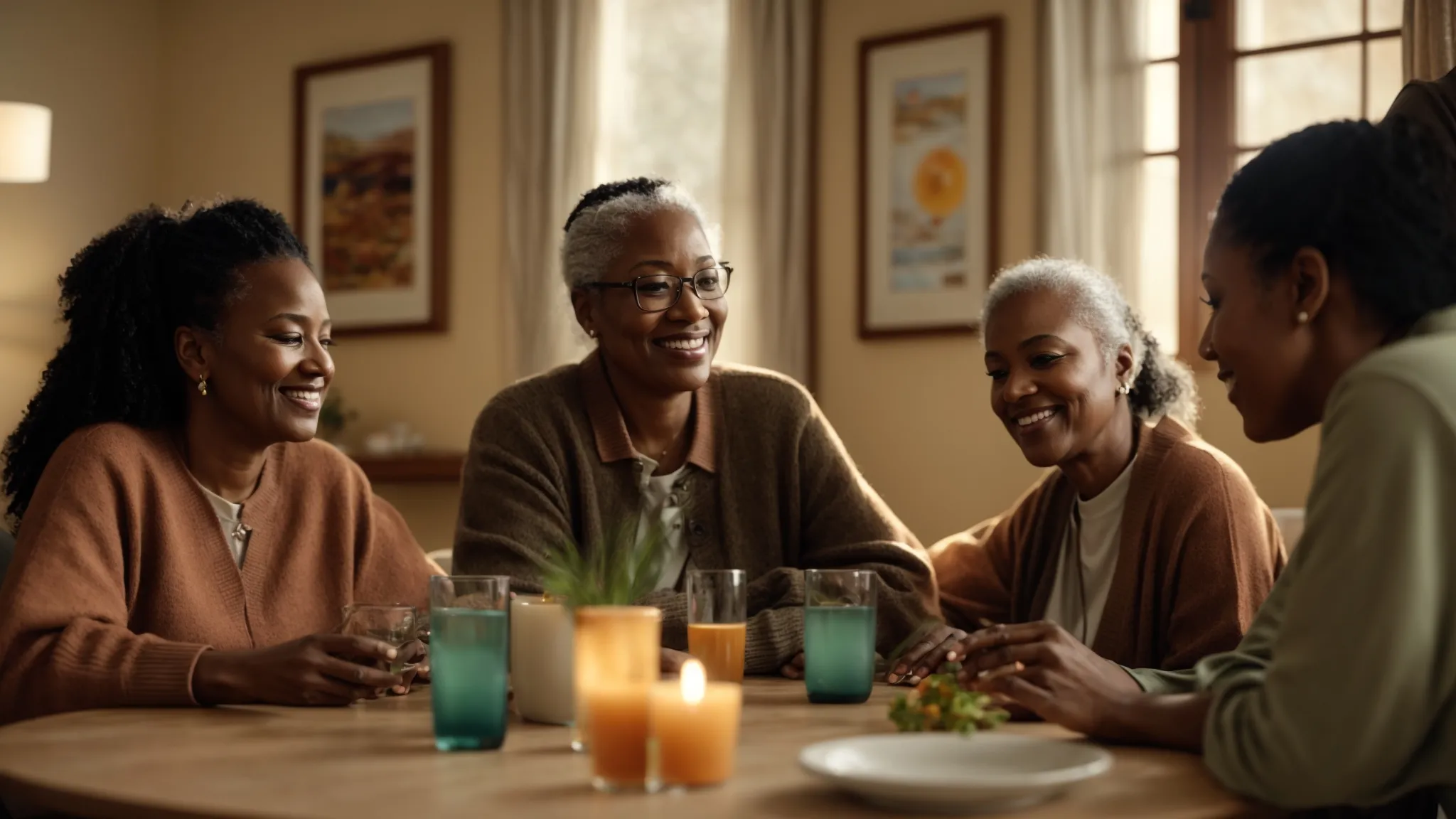 a warm and inviting scene captures a diverse family gathered around a cozy table in an assisted living facility, engaging in thoughtful conversation with care staff, symbolizing collaboration and personalized care planning for their loved ones. a warm and inviting scene captures a diverse family gathered around a cozy table in an assisted living facility, engaging in thoughtful conversation with care staff, symbolizing collaboration and personalized care planning for their loved ones.