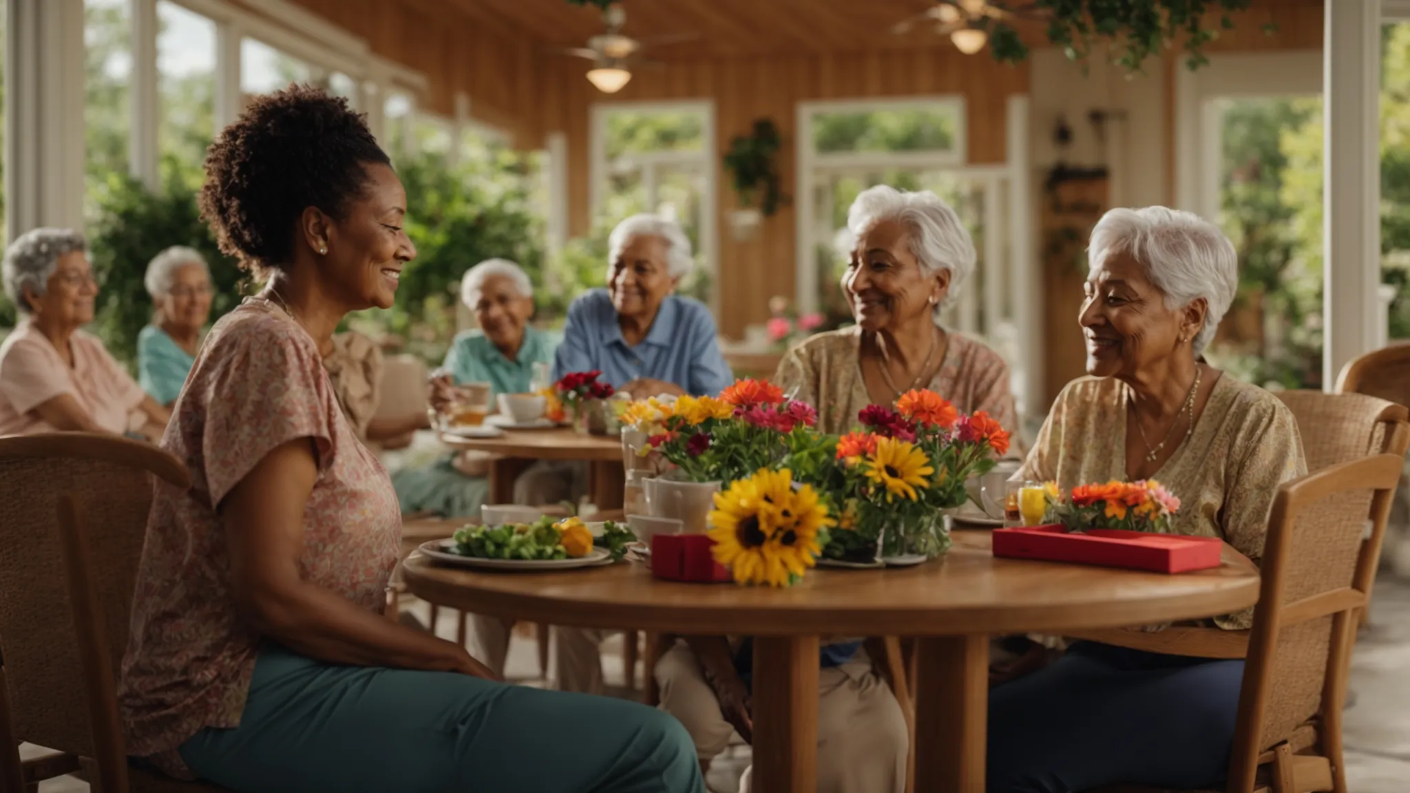 a warm, inviting scene of a serene assisted living environment in ypsilanti, showcasing cheerful residents engaged in community activities surrounded by lush greenery and vibrant flowers, highlighting the essence of personalized care and support. a warm, inviting scene of a serene assisted living environment in ypsilanti, showcasing cheerful residents engaged in community activities surrounded by lush greenery and vibrant flowers, highlighting the essence of personalized care and support.