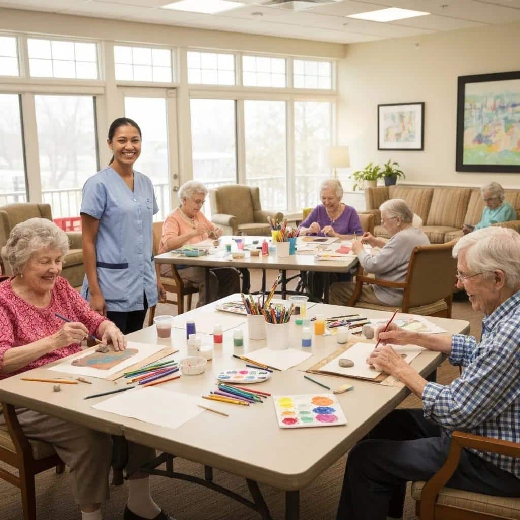 Residents engaging in a group art class in an assisted living facility, showcasing memory care integration and support