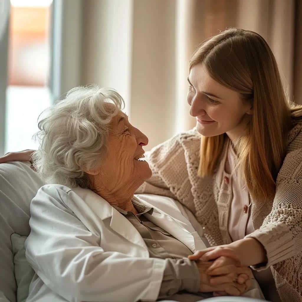 Caregiver assisting a resident with a personalized care plan in a dementia care home