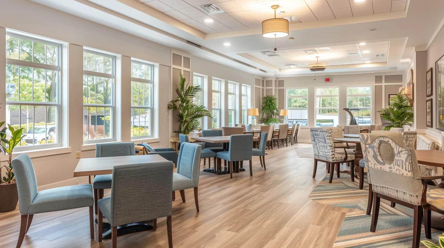 a bright, inviting memory care home interior features comfortable seating areas and engaging activity setups designed to promote social interaction and cognitive stimulation among residents.