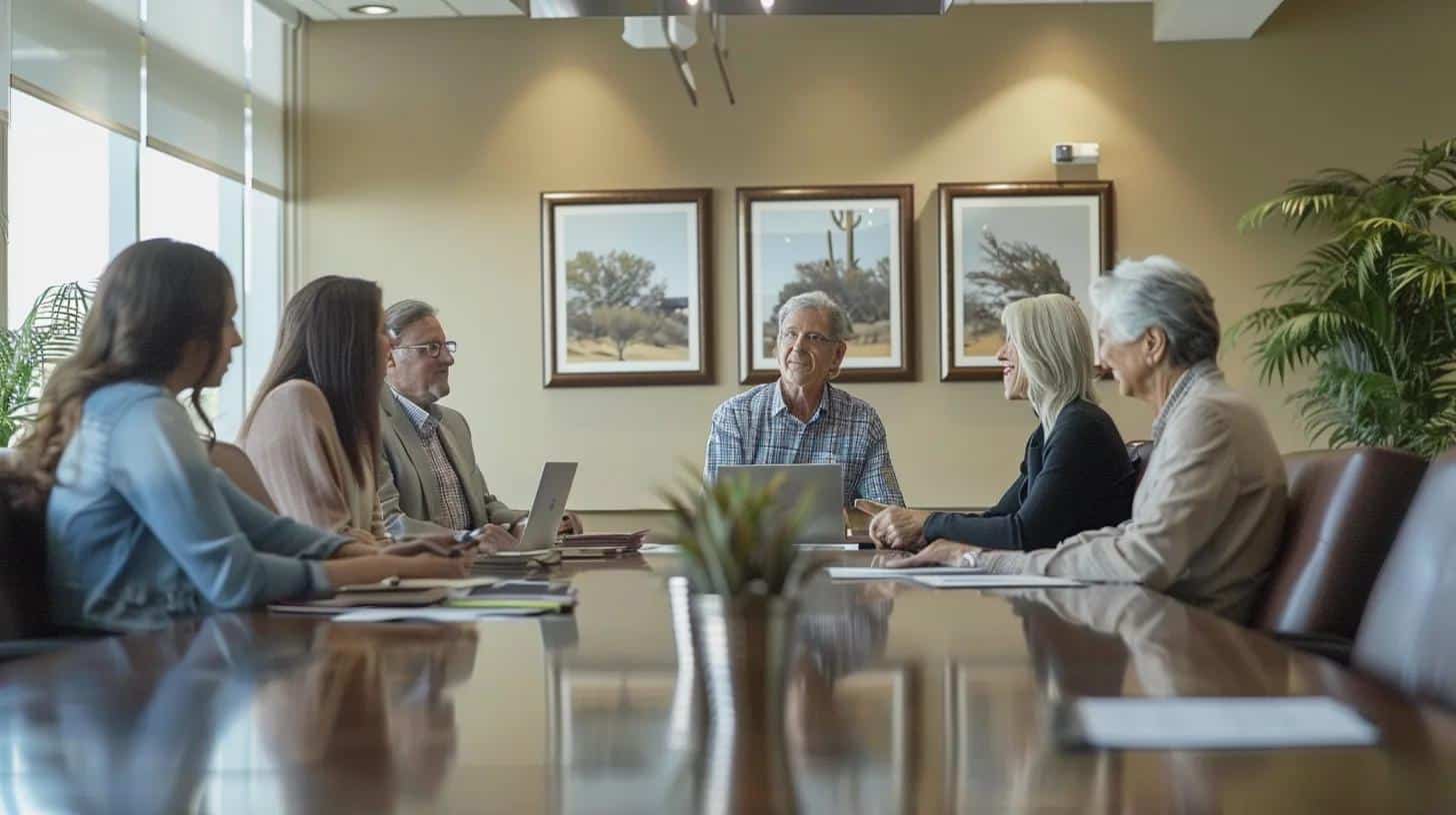 a professional consultation room features a polished conference table surrounded by diverse family members engaged in a serious discussion with a knowledgeable advisor, emphasizing the importance of legal and ethical considerations in choosing a memory care facility.