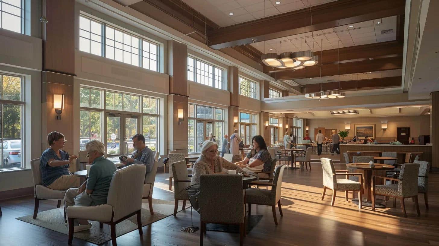 a serene, well-appointed assisted living facility interior showcases attentive caregivers interacting warmly with residents engaged in structured activities, illuminated by soft, ambient lighting that highlights the supportive atmosphere tailored for dementia care.
