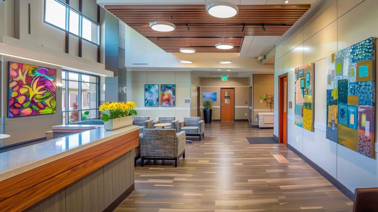 a warm, inviting assisted living facility for dementia care features engaging residents participating in a structured therapeutic activity session, surrounded by vibrant artwork and technology-enhanced safety features, conveying a sense of comfort, support, and independence.