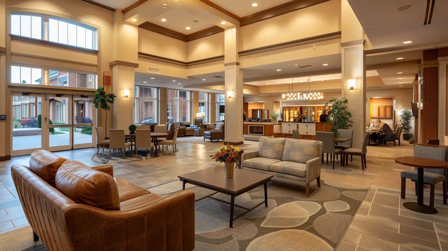 a warmly lit, inviting assisted living reception area features comfortable furniture, personal touches, and staff engaged in meaningful conversation with new residents, symbolizing support and a smooth transition to memory lane assisted living.
