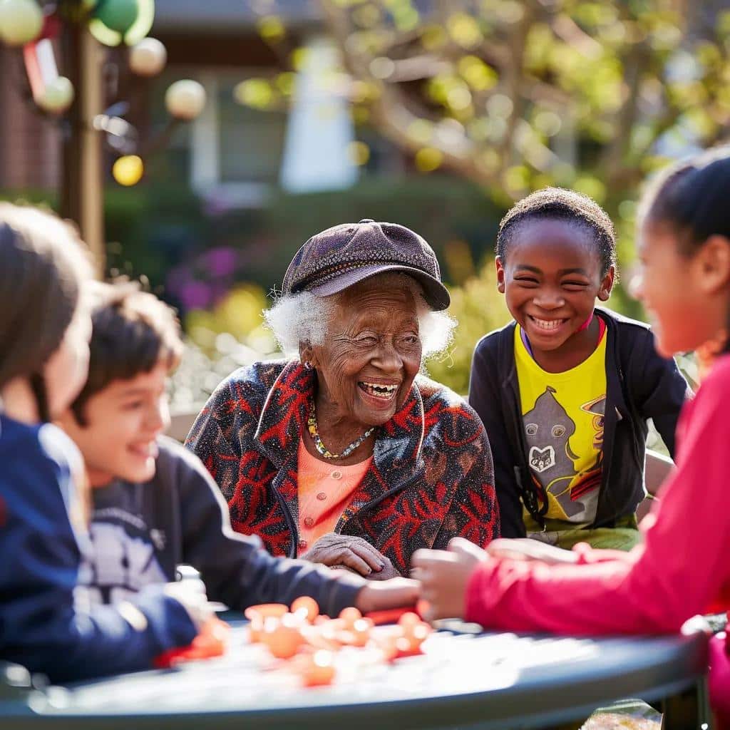 Residents and children engaging in intergenerational activities in a community setting