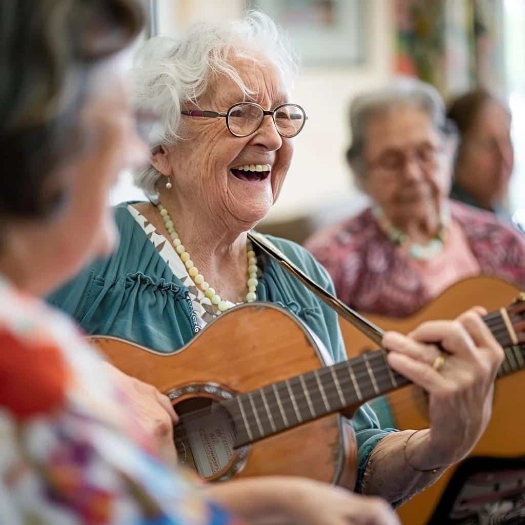Seniors engaged in a music therapy session at a memory care facility