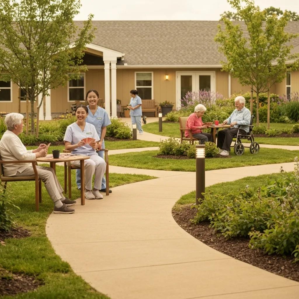Dedicated memory care facility with caregivers and residents in a secure garden area, highlighting support and safety