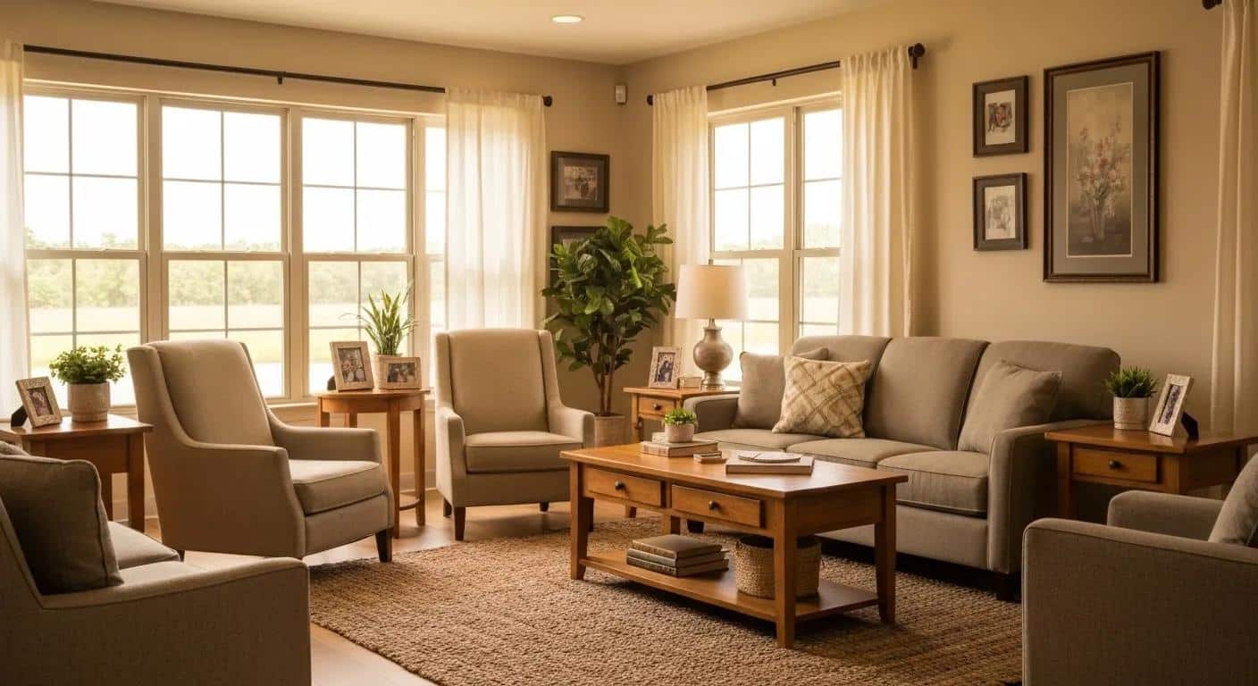 Cozy living room in a memory care facility, emphasizing comfort and personalized care