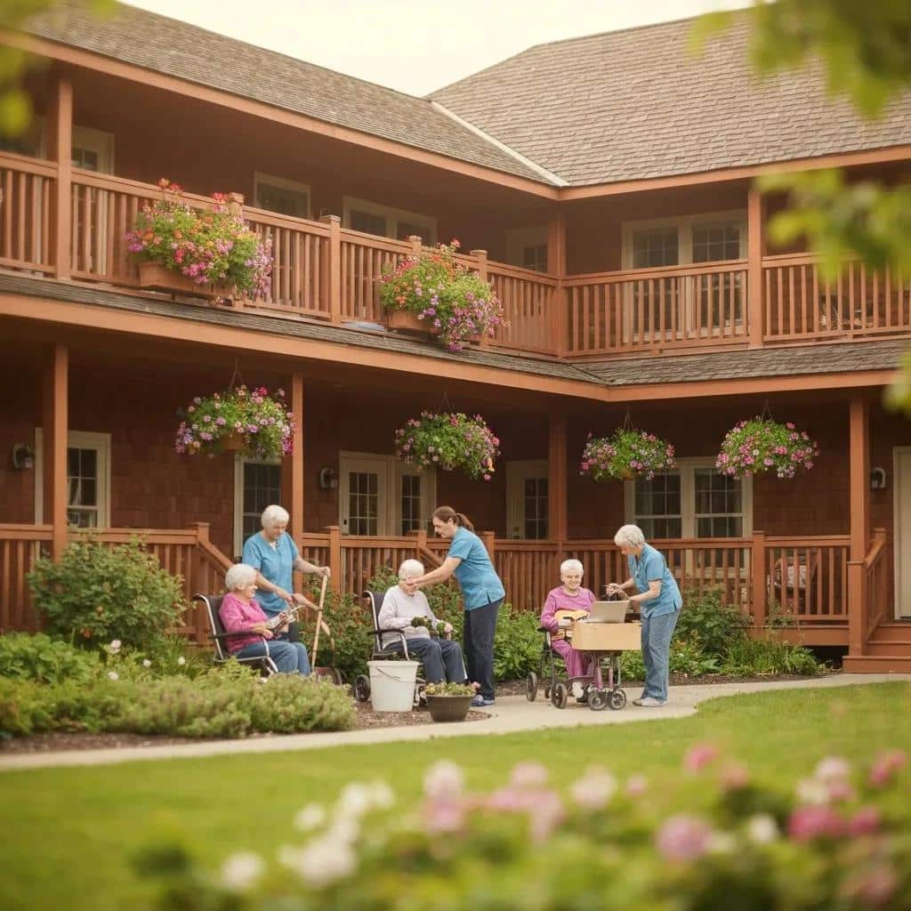 Memory care facility with seniors and caregivers in a supportive environment
